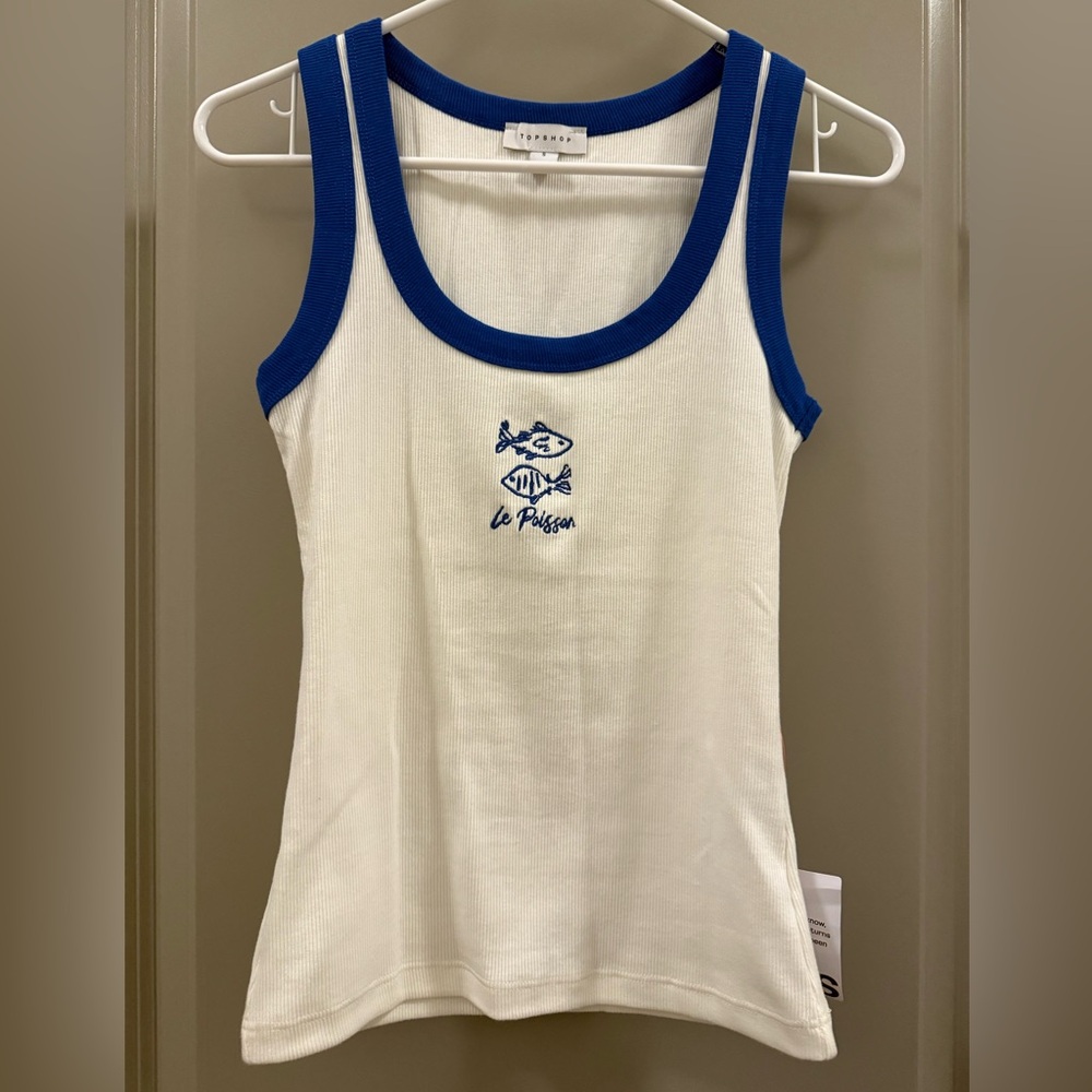 Topshop embroidered Poisson ribbed vest with blue contrast in white